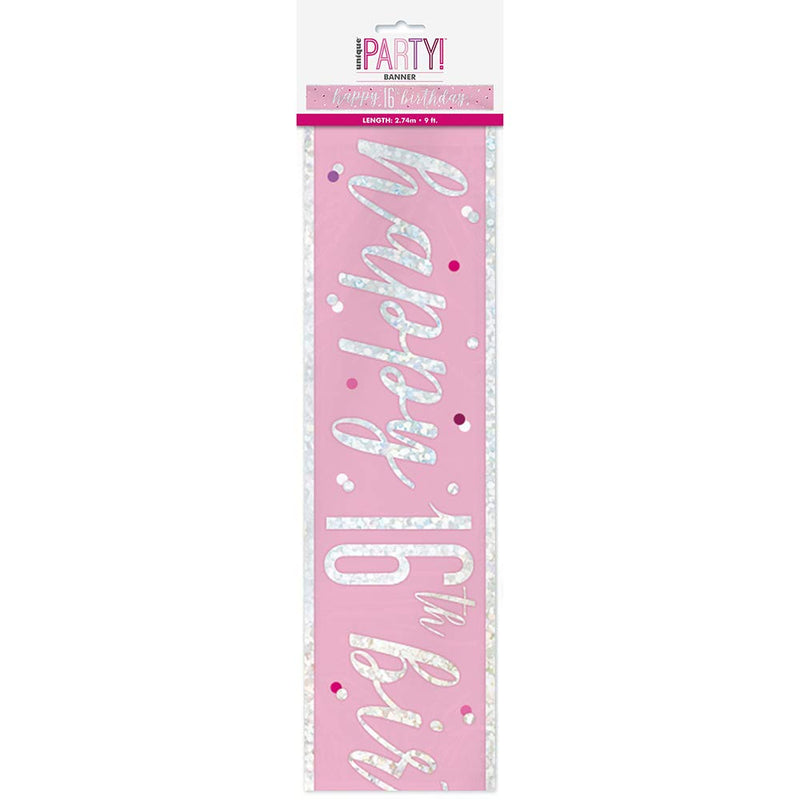 Unique Party Birthday Foil Banner-9' | Pink And Silver | 1 Pc. Cartel de Cumpleaños Número 16-2,74 m-Tema Glitz Rosa y Plata-1 Unidad (Paquete de 1), color, 16 años (83490