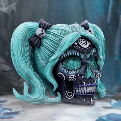 Nemesis Now Drop Dead Gorgeous Cute and Cosmic Figurine 19.5cm, Resin, Witchy Doll Skull Ornament, Female Turqoise and Black Skull with Glitter Eyes, Cast in the Finest Resin, Expertly Hand-Painted