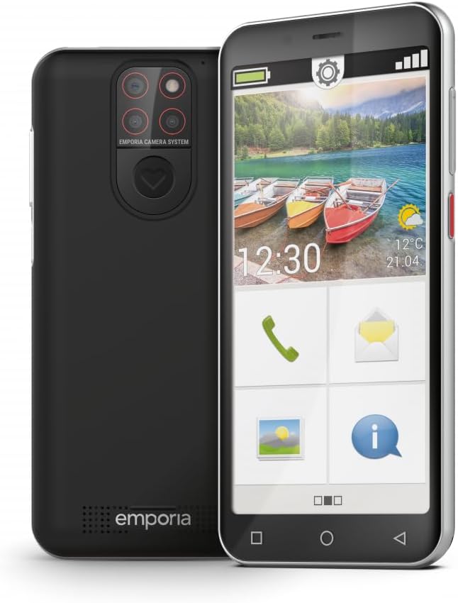 emporiaSMART.5 mini, senior mobile phone, 4G VoLTE, contract-free senior smartphone, mobile phone with emergency button, 4.95-inch display, Android 13, 13 MP camera, black