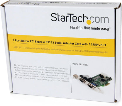 StarTech.com PEX2S553 2 Port Native PCIe RS232 Serial Adapter Card with 16550 UART , Green