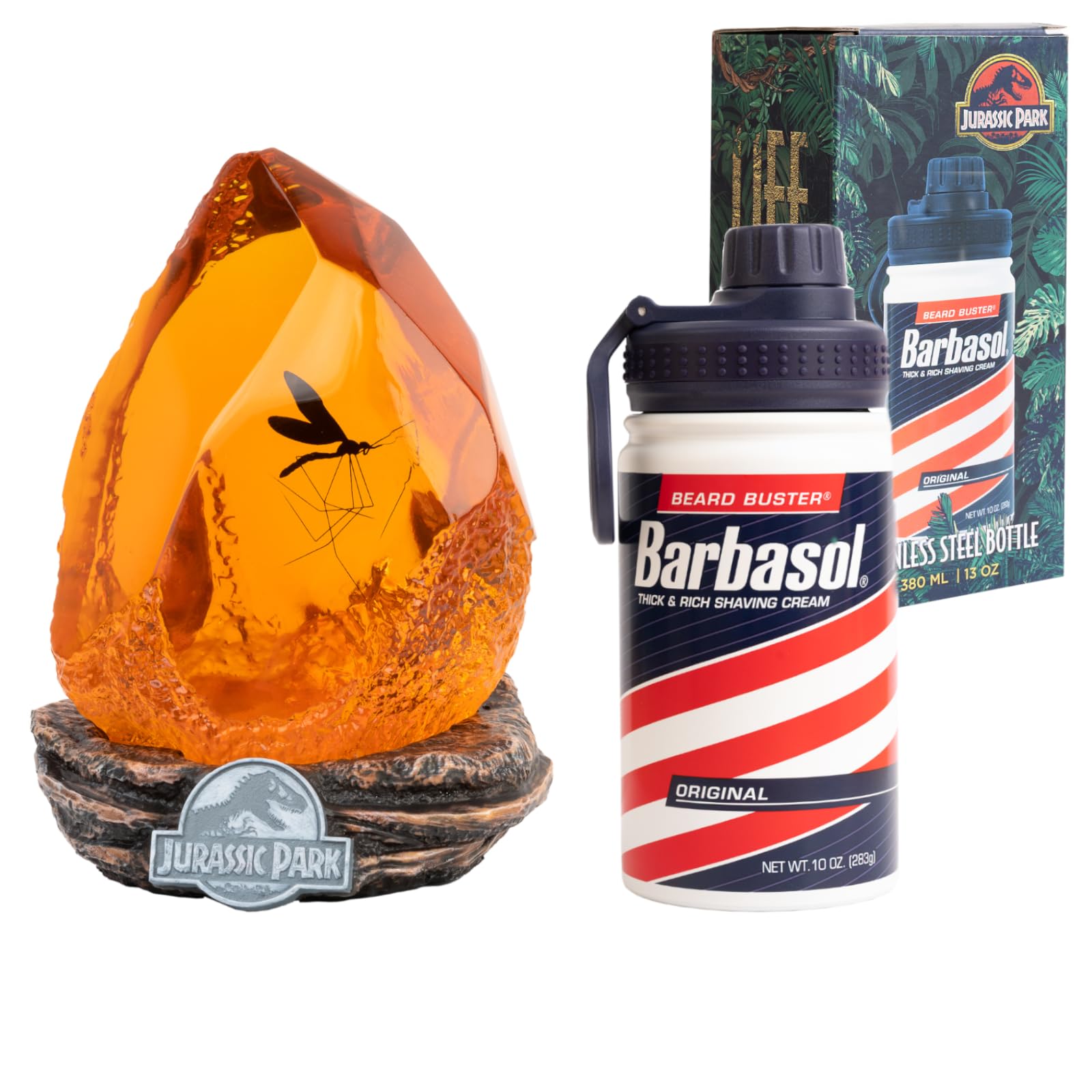 Grupo Erik: Lampada Jurassic Park Ambra + Bottiglia termica Barbasol | Set Jurassic Park: Luce Led + Borraccia, Riproduzione fedele, Jurassic Park Gadget
