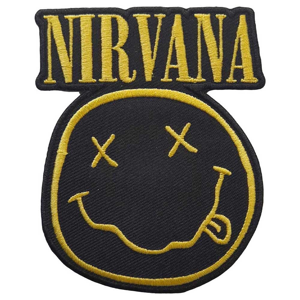 Rock Off officially licensed products Nirvana Patch Band Logo And Smiley Nuovo Ufficiale Nero Woven Iron On 105 X 45Mm