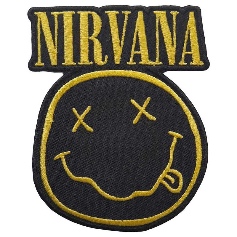 Rock Off officially licensed products Nirvana Patch Band Logo And Smiley Nuovo Ufficiale Nero Woven Iron On 105 X 45Mm