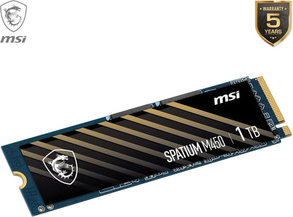 MSI SPATIUM M450 SSD 1TB - PCIe 4.0 NVMe M.2 Internal Solid State Drive, 3600MB/s Read & 3000MB/s Write, 3D NAND, Built-In Data Security, MSI Center - 5 Year Warranty (600 TBW