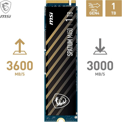 MSI SPATIUM M450 SSD 1TB - PCIe 4.0 NVMe M.2 Internal Solid State Drive, 3600MB/s Read & 3000MB/s Write, 3D NAND, Built-In Data Security, MSI Center - 5 Year Warranty (600 TBW