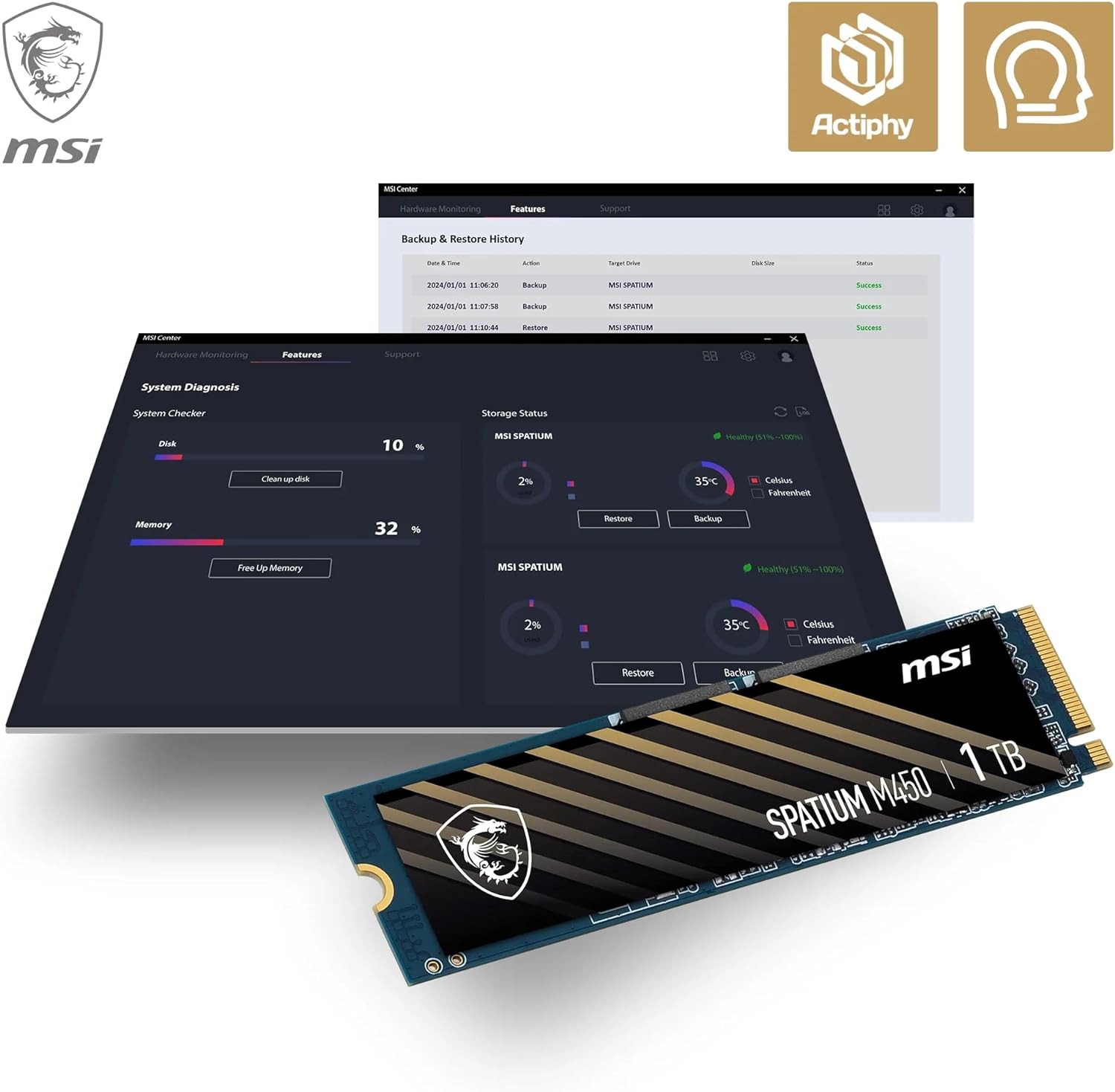 MSI SPATIUM M450 SSD 1TB - PCIe 4.0 NVMe M.2 Internal Solid State Drive, 3600MB/s Read & 3000MB/s Write, 3D NAND, Built-In Data Security, MSI Center - 5 Year Warranty (600 TBW