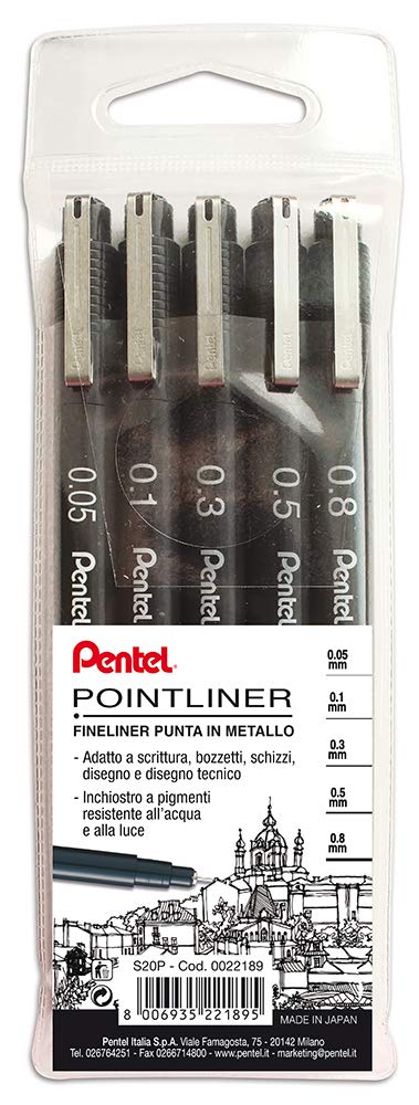 Pentel S20P Pointliner, fineliner black pocket 5 pcs (tip 0.05-0.1 - 0.3-0.5 - 0.8 mm) 1 Unità (Confezione da 5)