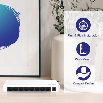 STRONG SW8000P 8-Port Gigabit Desktop Switch, Desktop and Wall Mounting, Ideal for Fast LAN Connections, Optimises Traffic, Fanless, Network Extension