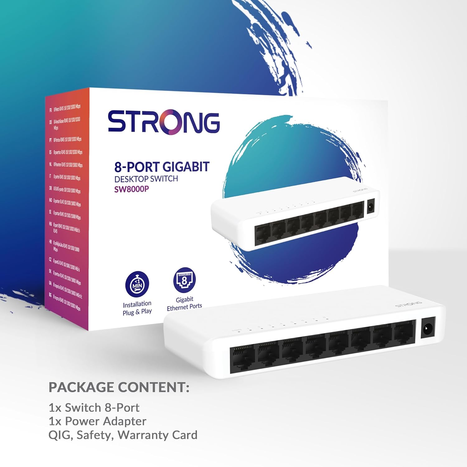 STRONG SW8000P 8-Port Gigabit Desktop Switch, Desktop and Wall Mounting, Ideal for Fast LAN Connections, Optimises Traffic, Fanless, Network Extension