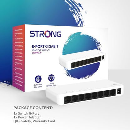 STRONG SW8000P 8-Port Gigabit Desktop Switch, Desktop and Wall Mounting, Ideal for Fast LAN Connections, Optimises Traffic, Fanless, Network Extension