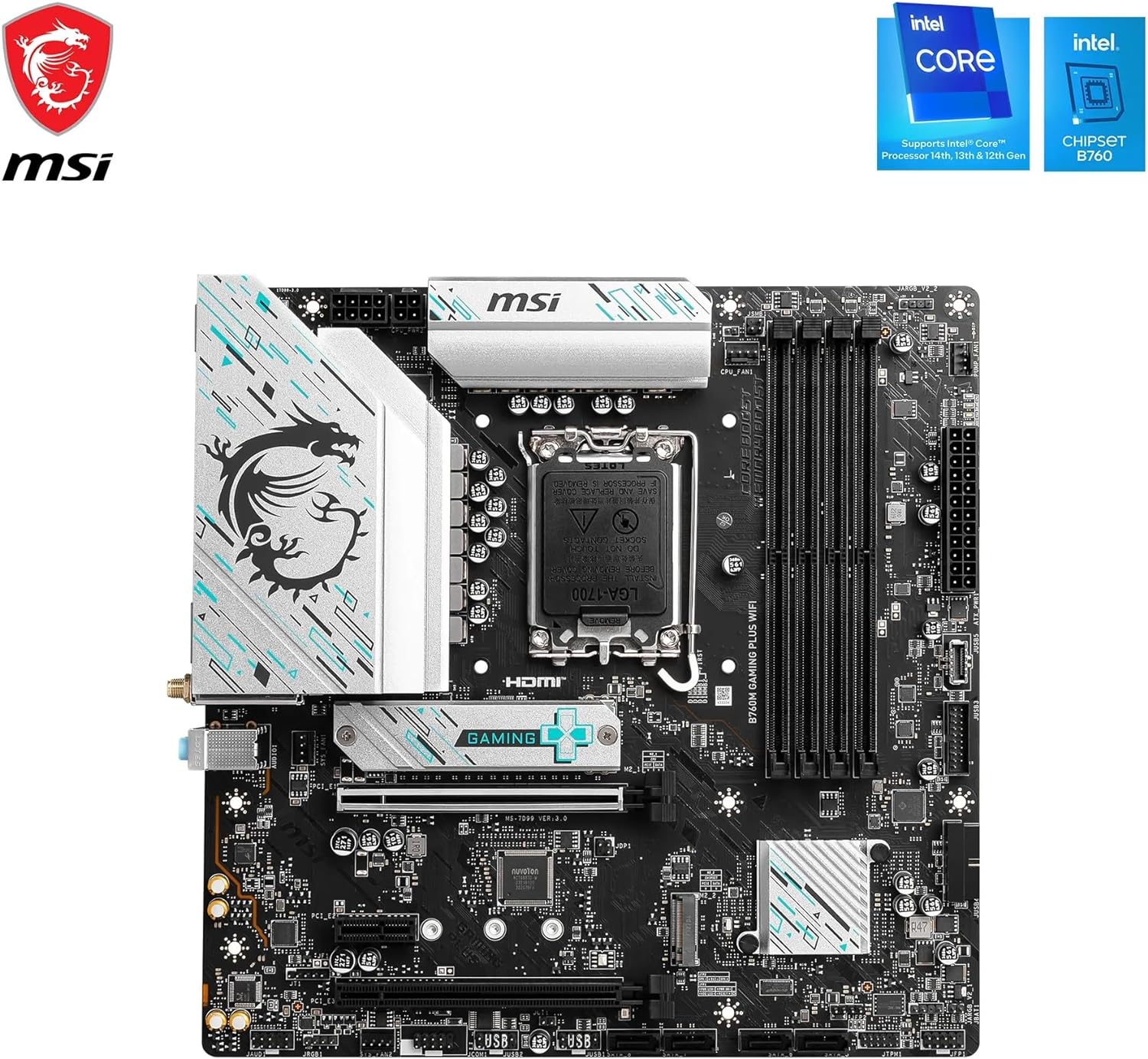 MSI B760M GAMING PLUS WIFI Motherboard, mATX - Supports Intel 14th, 13th & 12th Gen Core Processors, LGA 1700 - DDR5 Memory Boost 6800+MHz/OC, 1x PCIe 4.0 x16, 2 x M.2 Gen4, 2.5G LAN, Wi-Fi 6E