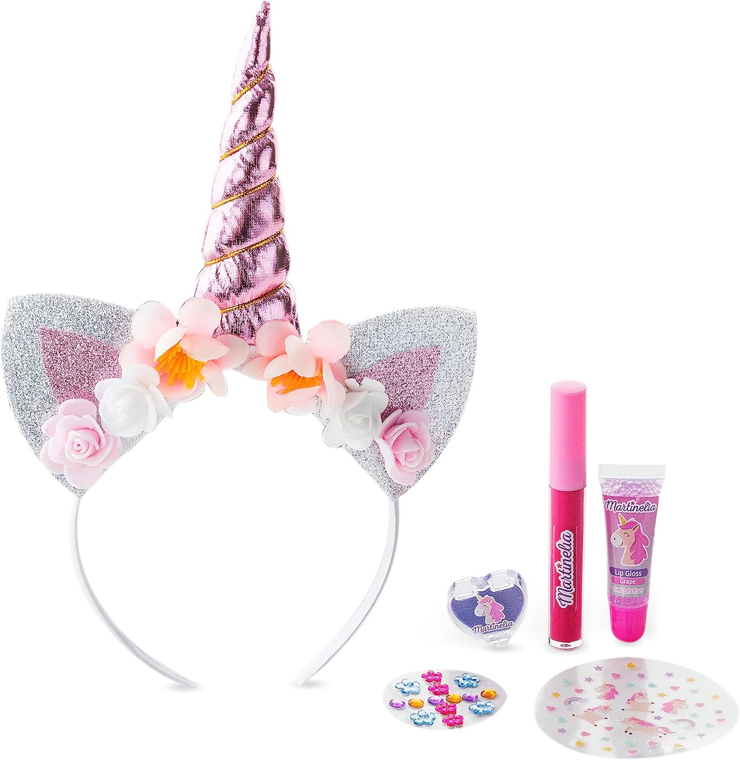 Martinelia Unicorn Makeup & Accessories Set - 1 Fantastic Unicorn Headband, 2 Lip Glosses, Stickers & Beauty Accessories - Beauty & Hair Set for Kids