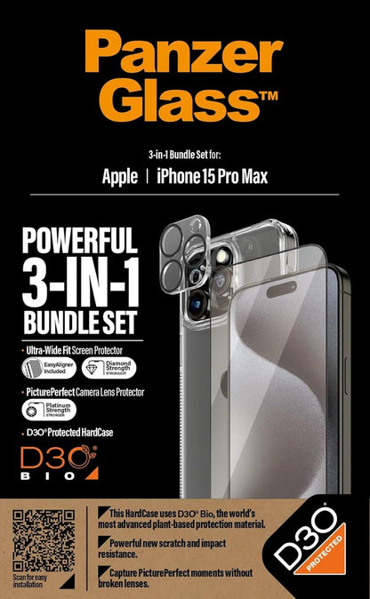 PanzerGlass Apple iPhone 15 Pro Max 2023 6.7" ULTIMATE PROTECTION 3-in-1 Bundle - ClearCase w/ D3O +UWF Screen Protector + Camera Lens Protector | Full 360 Drop & Scratch Protection, Easy Install