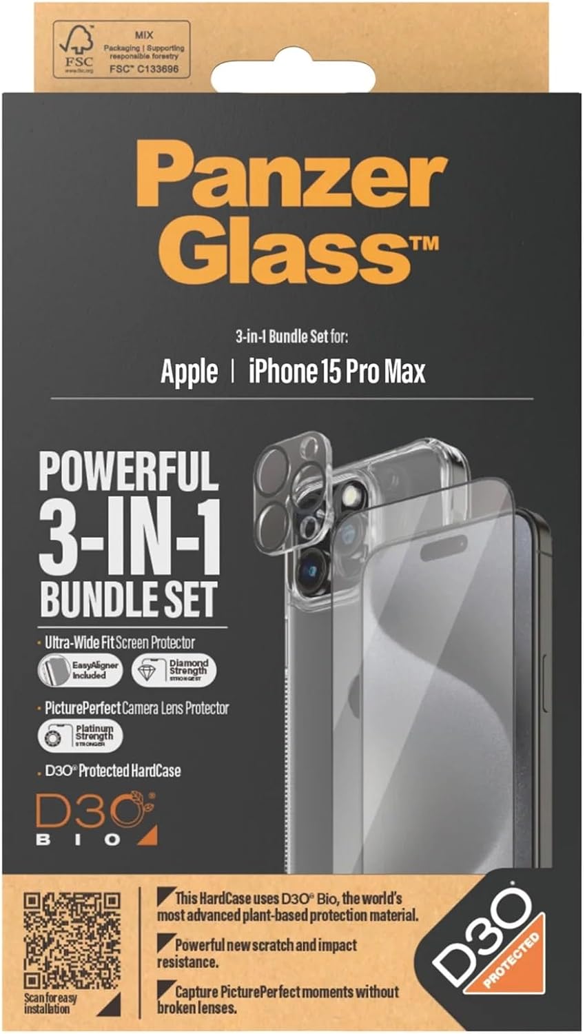 PanzerGlass Apple iPhone 15 Pro Max 2023 6.7" ULTIMATE PROTECTION 3-in-1 Bundle - ClearCase w/ D3O +UWF Screen Protector + Camera Lens Protector | Full 360 Drop & Scratch Protection, Easy Install
