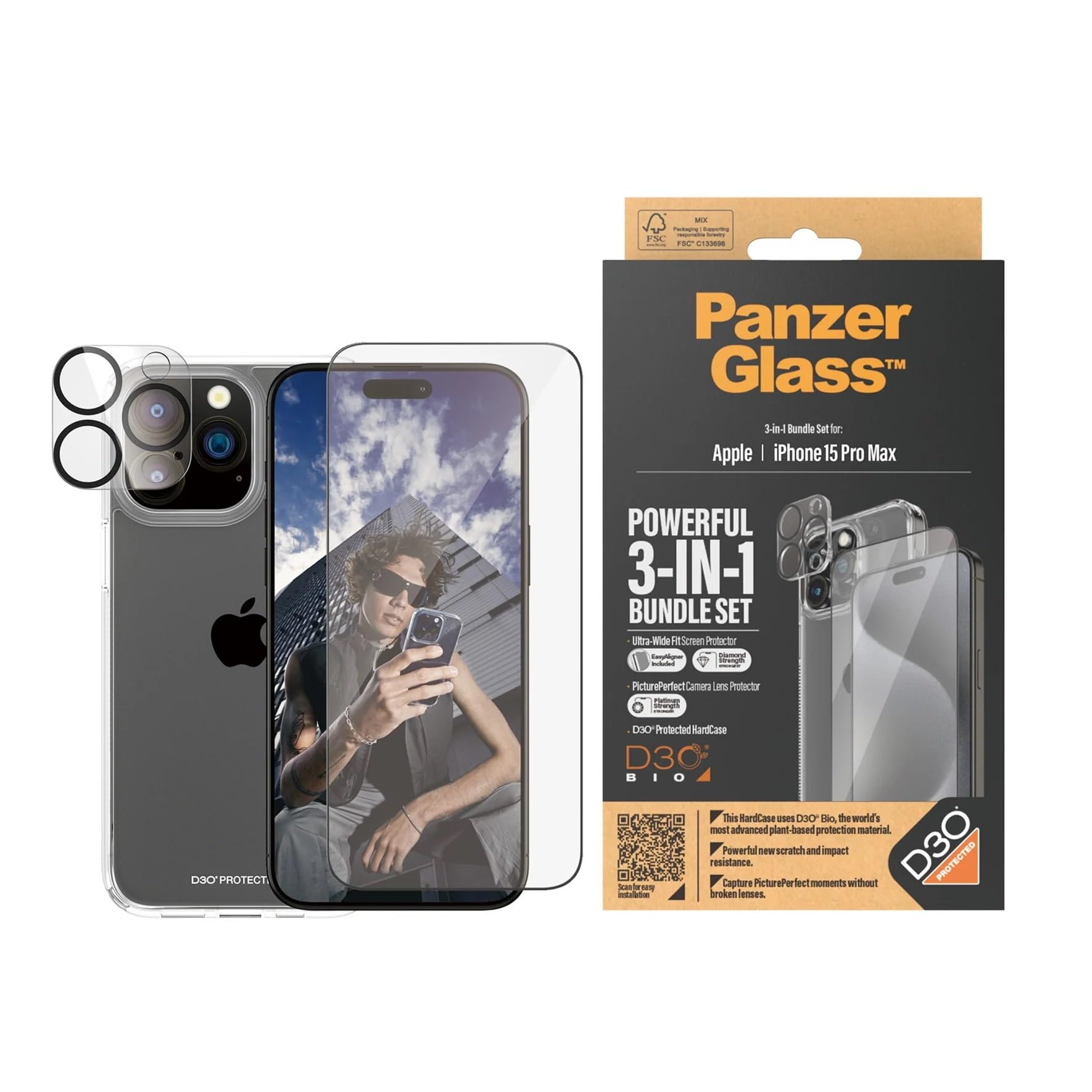 PanzerGlass Apple iPhone 15 Pro Max 2023 6.7" ULTIMATE PROTECTION 3-in-1 Bundle - ClearCase w/ D3O +UWF Screen Protector + Camera Lens Protector | Full 360 Drop & Scratch Protection, Easy Install