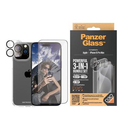 PanzerGlass Apple iPhone 15 Pro Max 2023 6.7" ULTIMATE PROTECTION 3-in-1 Bundle - ClearCase w/ D3O +UWF Screen Protector + Camera Lens Protector | Full 360 Drop & Scratch Protection, Easy Install