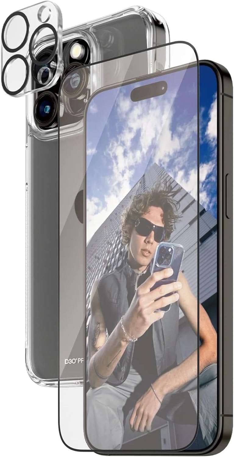 PanzerGlass Apple iPhone 15 Pro Max 2023 6.7" ULTIMATE PROTECTION 3-in-1 Bundle - ClearCase w/ D3O +UWF Screen Protector + Camera Lens Protector | Full 360 Drop & Scratch Protection, Easy Install