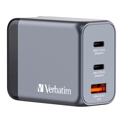 Verbatim GaN Charger 65 W, 3 Ports USB-C Ladegerät, Power Adapter mit 2 x USB-C und 1 x USB-A, Schnellladegerät ALS Mehrfachstecker, für Apple MacBook, Notebook, iPad, iPhone, Samsung und Co