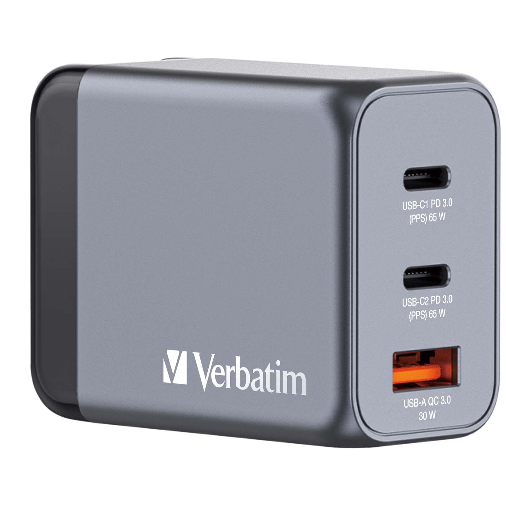 Verbatim GaN Charger 65 W, 3 Ports USB-C Ladegerät, Power Adapter mit 2 x USB-C und 1 x USB-A, Schnellladegerät ALS Mehrfachstecker, für Apple MacBook, Notebook, iPad, iPhone, Samsung und Co