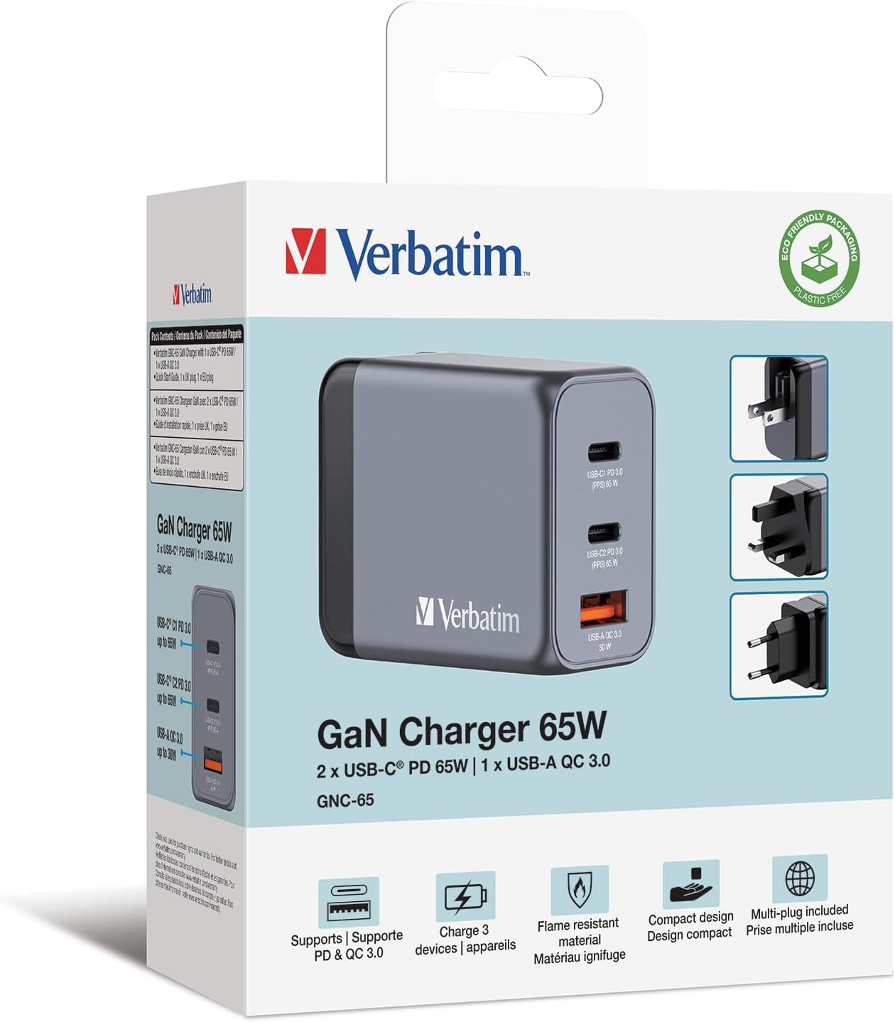 Verbatim GaN Charger 65 W, 3 Ports USB-C Ladegerät, Power Adapter mit 2 x USB-C und 1 x USB-A, Schnellladegerät ALS Mehrfachstecker, für Apple MacBook, Notebook, iPad, iPhone, Samsung und Co