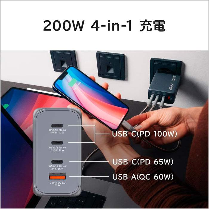 Verbatim GaN Charger 200 W, 4 Ports USB-C Ladegerät, Power Adapter mit 3 x USB-C und 1 x USB-A, Schnellladegerät als Mehrfachstecker, für Apple MacBook, Notebook, iPad, iPhone, Samsung und Co