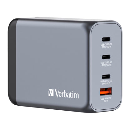 Verbatim GaN Charger 200 W, 4 Ports USB-C Ladegerät, Power Adapter mit 3 x USB-C und 1 x USB-A, Schnellladegerät als Mehrfachstecker, für Apple MacBook, Notebook, iPad, iPhone, Samsung und Co