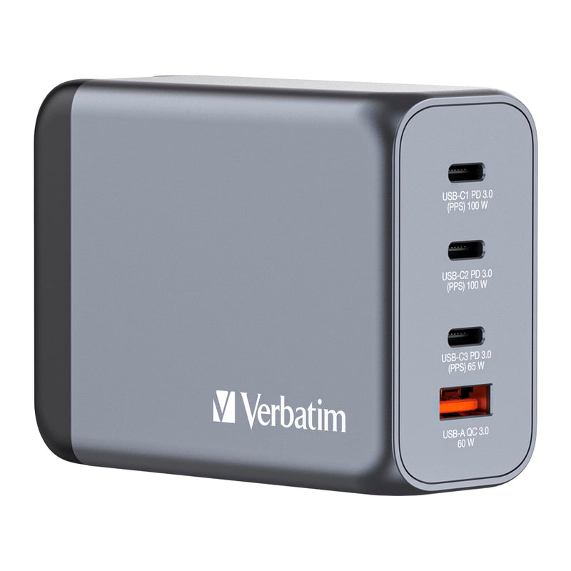 Verbatim GaN Charger 200 W, 4 Ports USB-C Ladegerät, Power Adapter mit 3 x USB-C und 1 x USB-A, Schnellladegerät als Mehrfachstecker, für Apple MacBook, Notebook, iPad, iPhone, Samsung und Co
