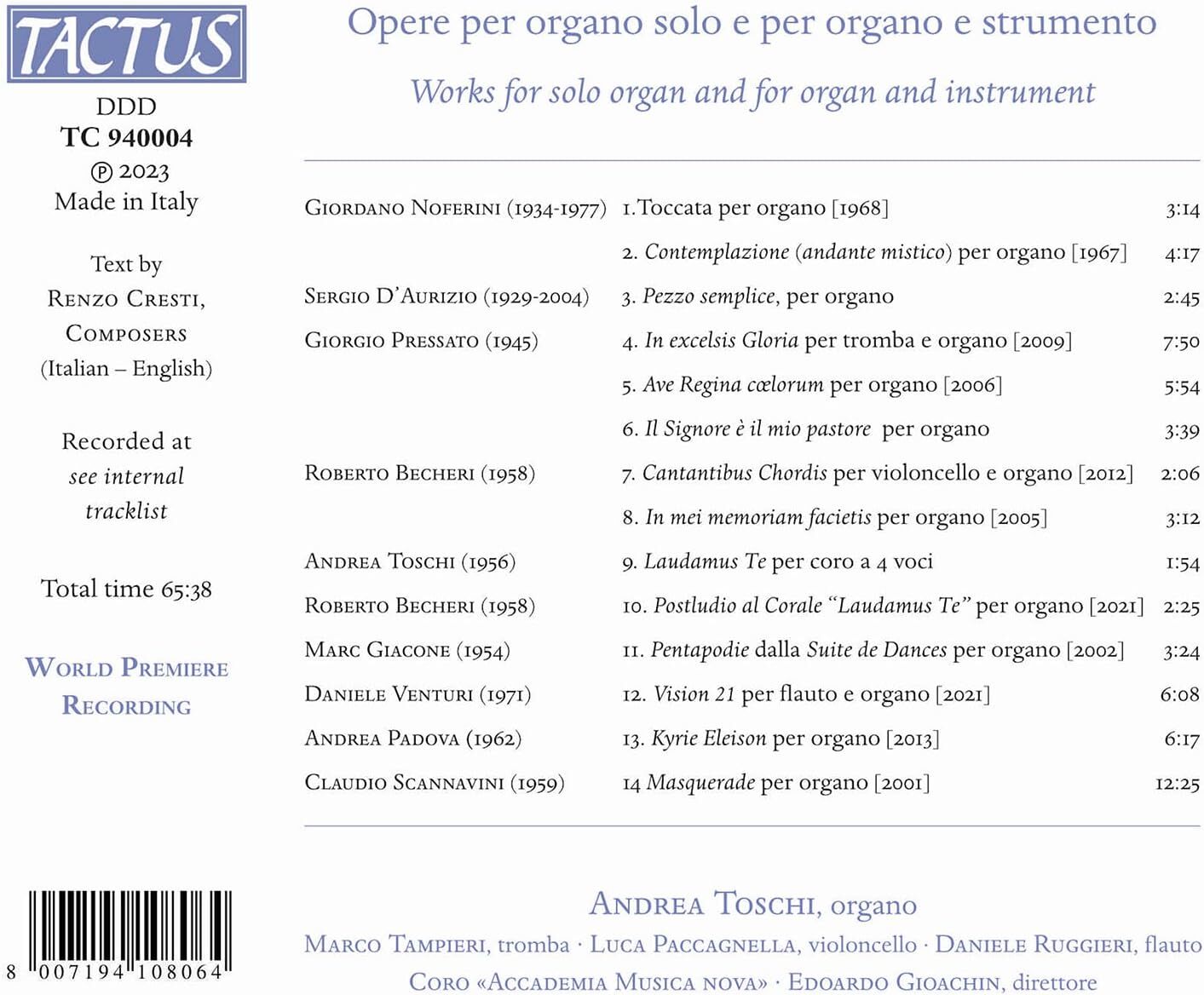 Andrea Toschi: Opere Per Organo Solo E Per Organo E Strumento