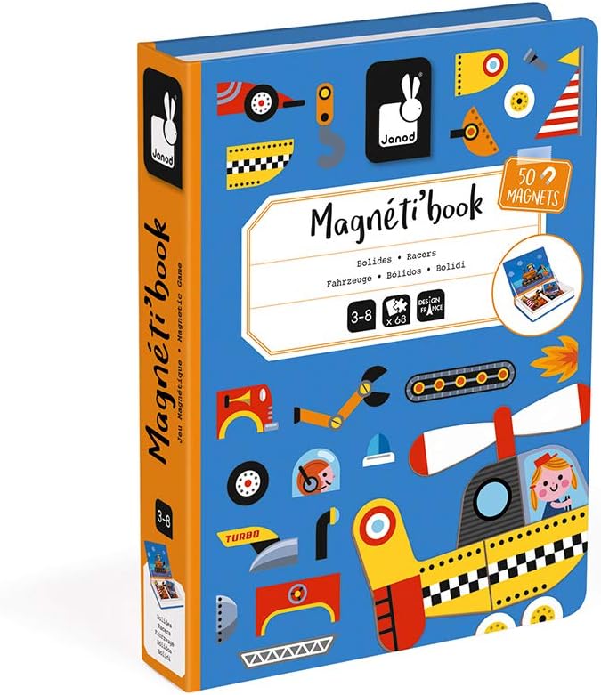 Janod - Magneti'Book of Racing Cars - Magnetic Educational Game, 50 Pieces - Fine Motor Skills and Imagination Learning - From 3 Years, J02715