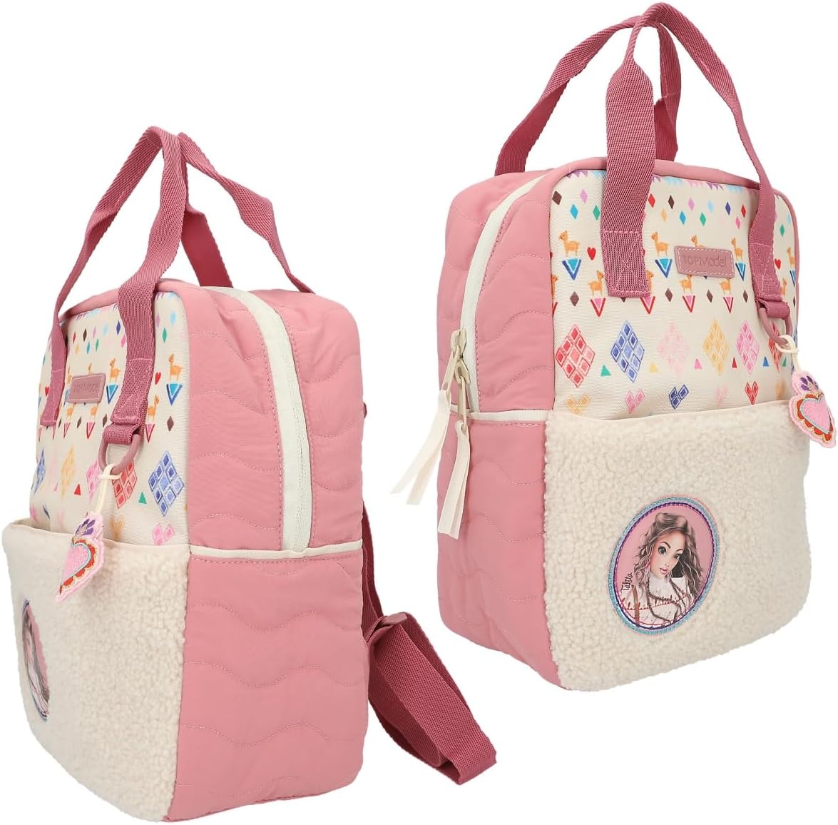 Depesche 12586 TOPModel Cosy Plush Backpack with Colourful Heart Pendant, Stitched Details and Pouch with Zip
