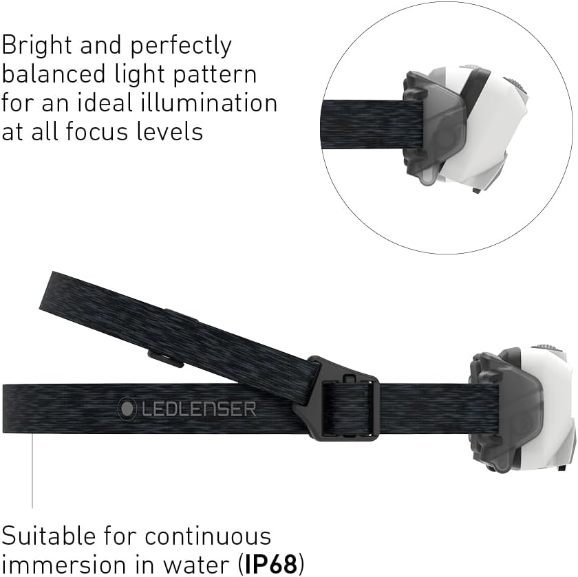 Ledlenser HF6R Core Rechargeable Head Torch LED 800lm, Up to 60hrs Runtime, 5 Modes, Adjustable Focus, Red Light Mode, USB C, IP68 Waterproof, Headlamp for Hiking, Camping, Essential Outdoor Headlamp