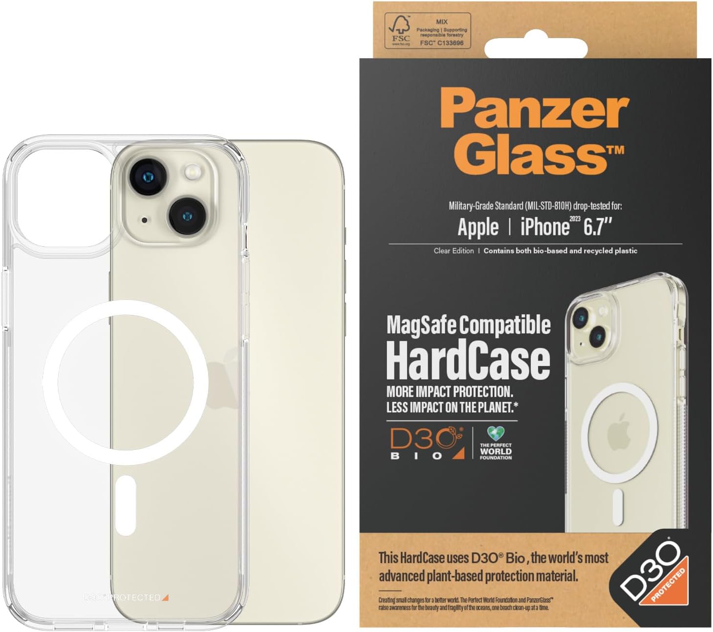 PanzerGlass Apple iPhone 15 Plus (6.7 Inch) HardCase MagSafe Compatible - Transparent (1182), Antibacterial, 3X Military Standard, Scratch-Resistant, 2 Years