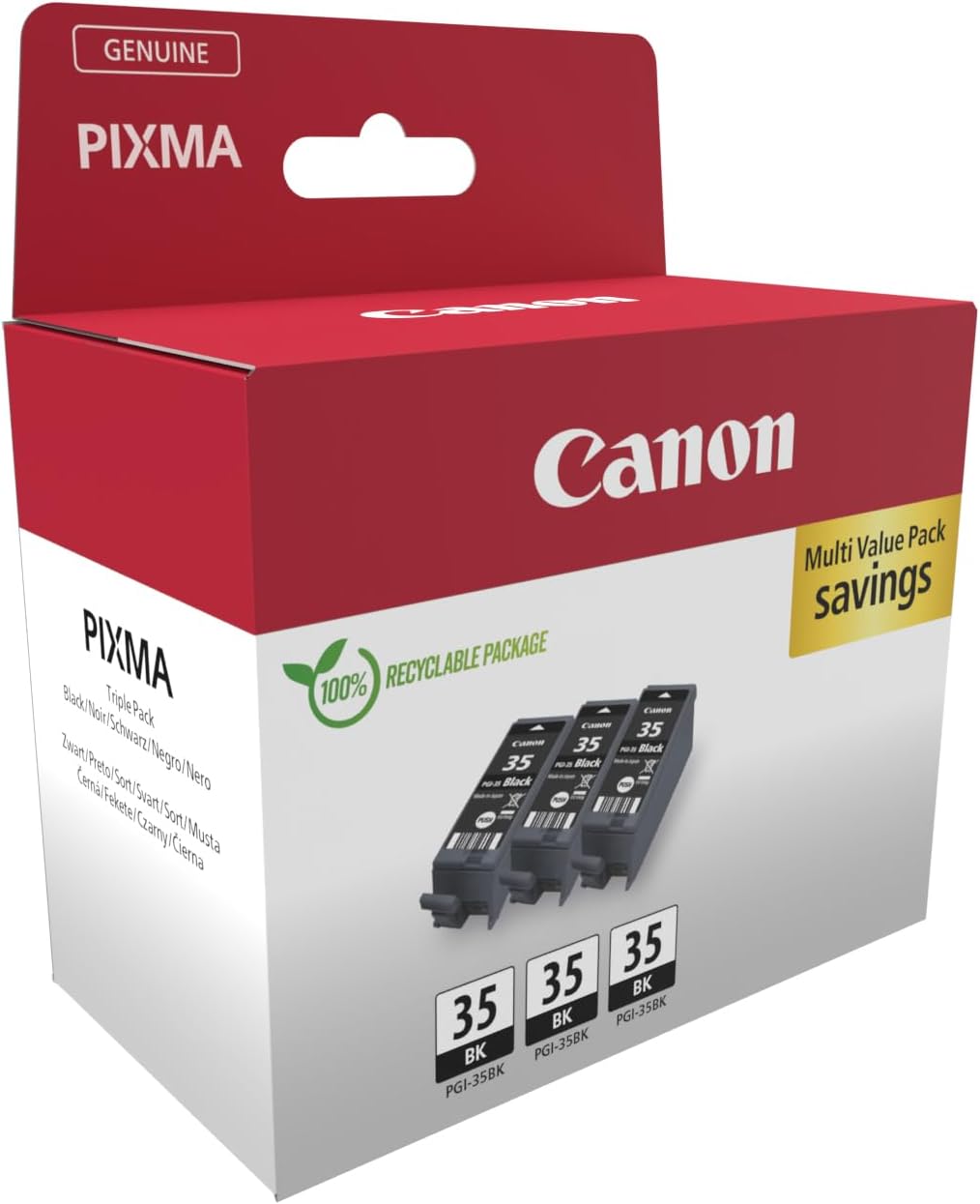 Canon PGI-35 Genuine Black Ink Cartridges, Pack of 3 - Cardboard Pack