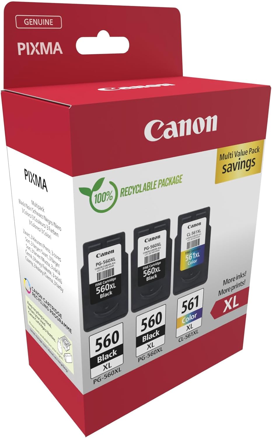 Canon PG-560XL x 2 / CL-561XL High Yield Genuine Ink Cartridges, Pack of 3 (2 x Black, 1 x Colour) - Cardboard Multipack