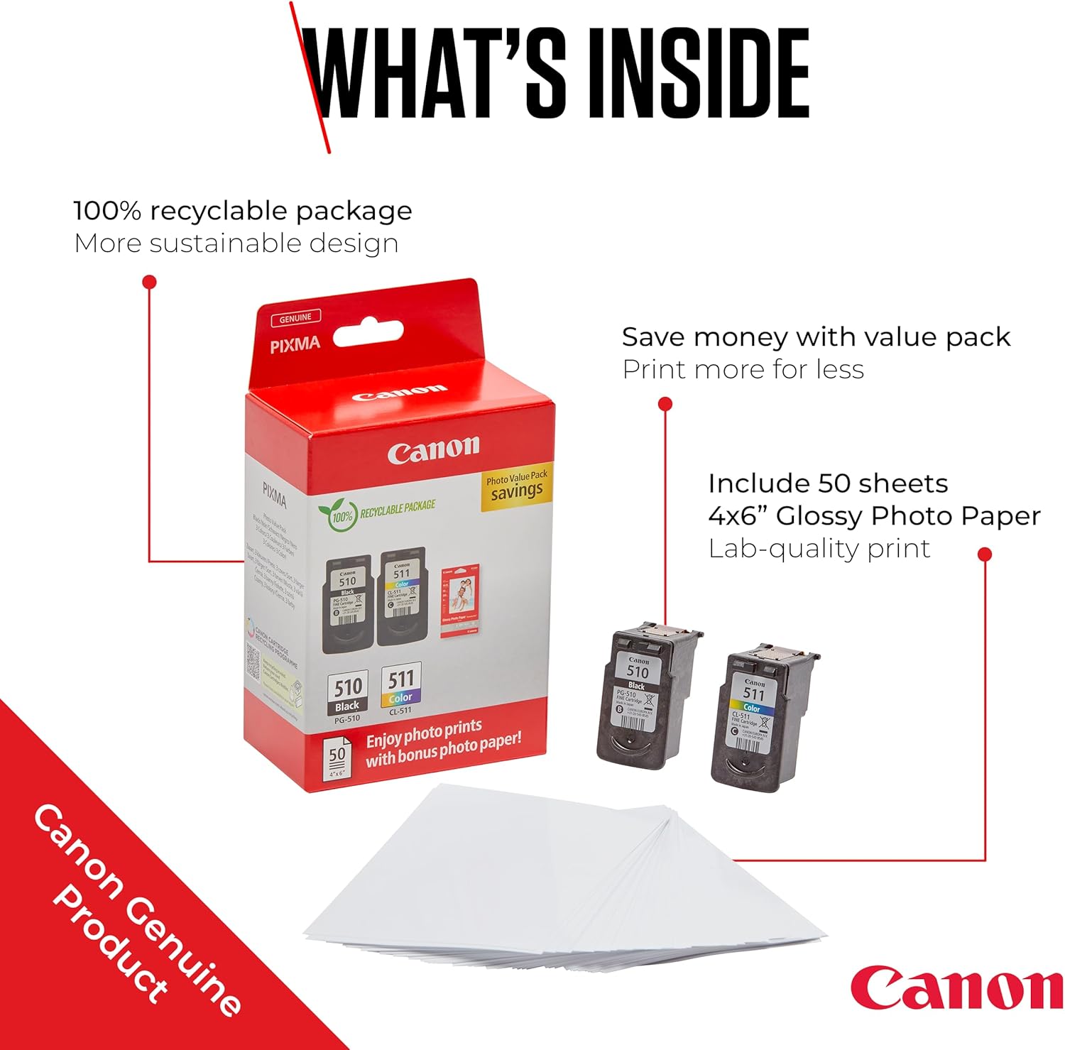Canon PG-510/CL-511 VALUE Pacchetto di 2 Cartucce d'inchiostro (Nero colore) +50 fogli di carta fotografica 10x15cm Certificato (cartone riciclabile 2024)
