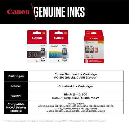 Canon PG-510/CL-511 VALUE Pacchetto di 2 Cartucce d'inchiostro (Nero colore) +50 fogli di carta fotografica 10x15cm Certificato (cartone riciclabile 2024)