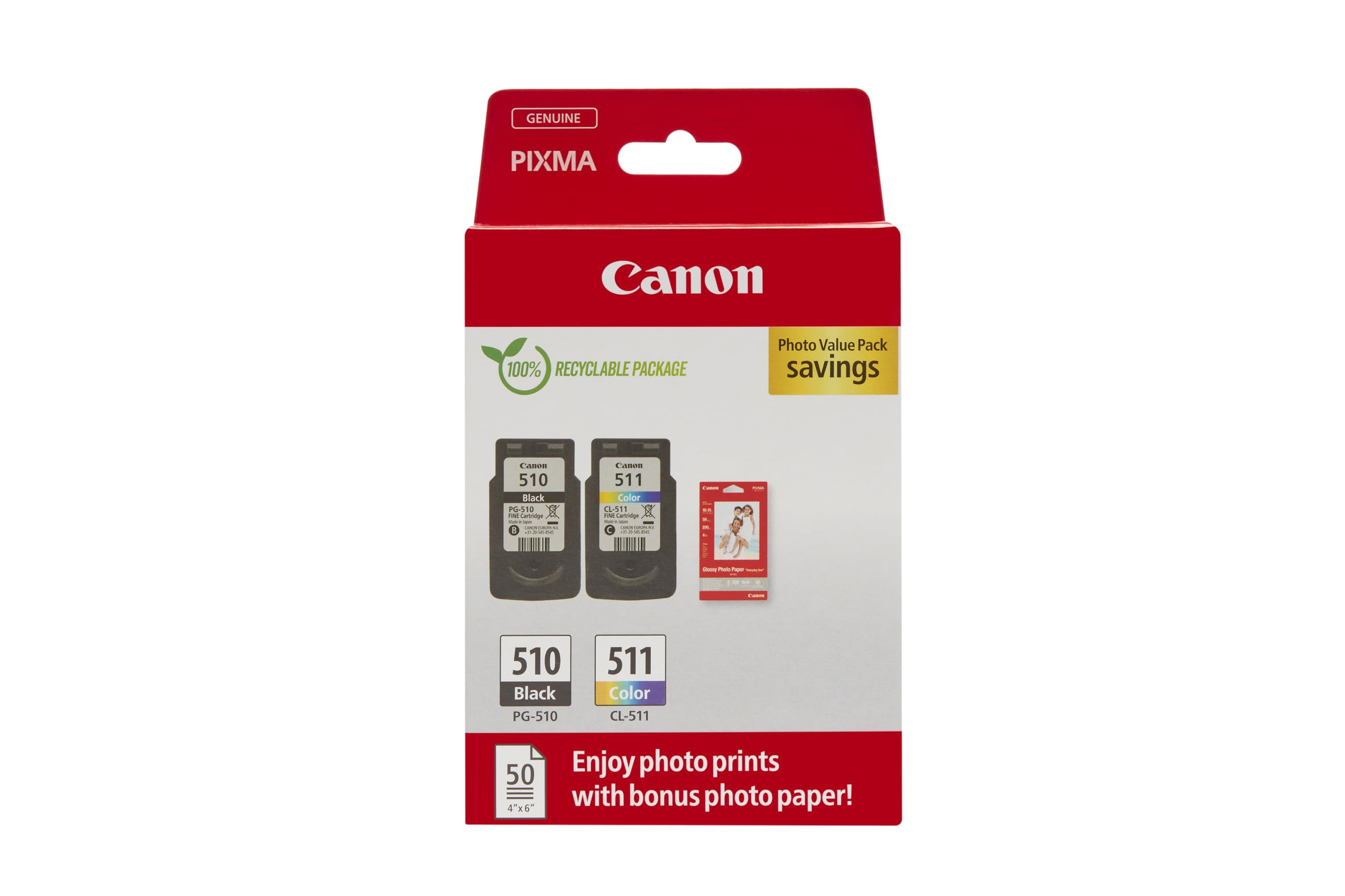Canon PG-510/CL-511 VALUE Pacchetto di 2 Cartucce d'inchiostro (Nero colore) +50 fogli di carta fotografica 10x15cm Certificato (cartone riciclabile 2024)
