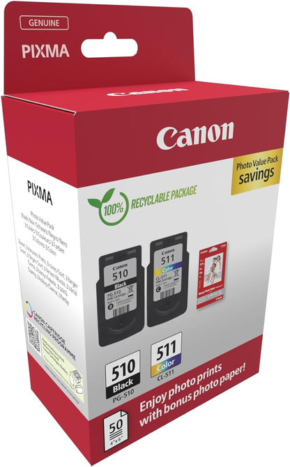 Canon PG-510/CL-511 VALUE Pacchetto di 2 Cartucce d'inchiostro (Nero colore) +50 fogli di carta fotografica 10x15cm Certificato (cartone riciclabile 2024)