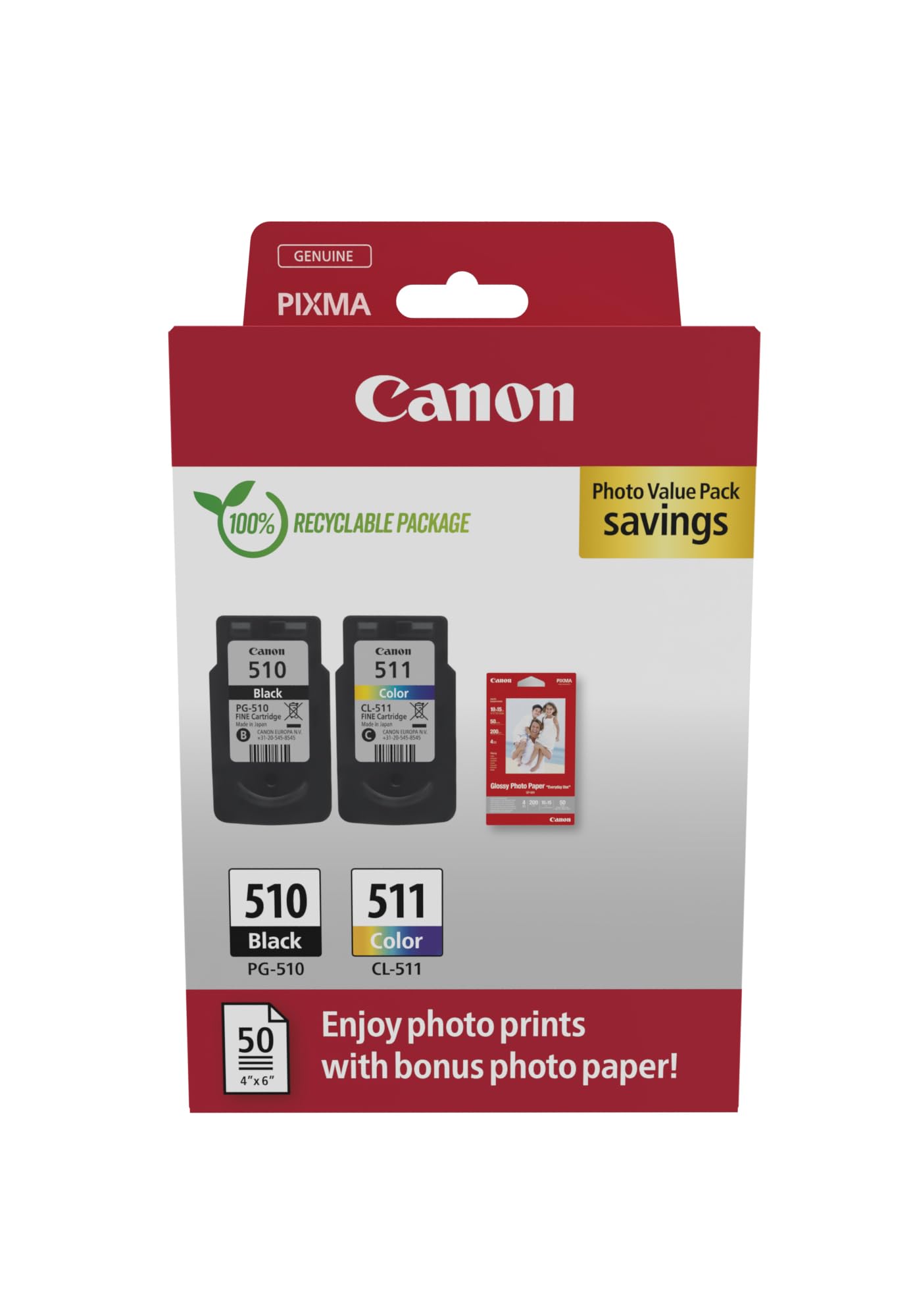 Canon PG-510/CL-511 VALUE Pacchetto di 2 Cartucce d'inchiostro (Nero colore) +50 fogli di carta fotografica 10x15cm Certificato (cartone riciclabile 2024)