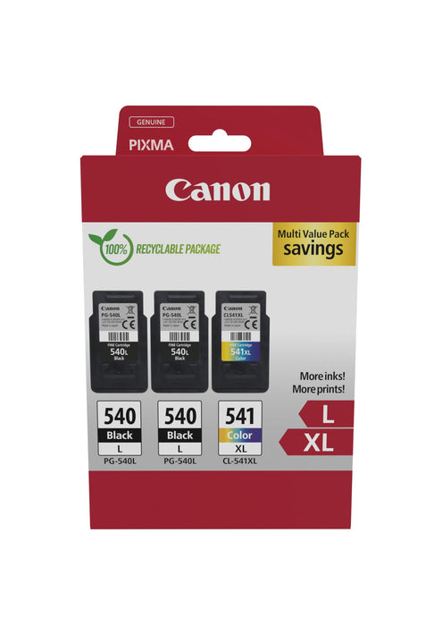Canon PG-540XL x 2 / CL-541XL High Yield Genuine Ink Cartridges, Pack of 3 (2 x Black, 1 x Colour) - Cardboard Multipack