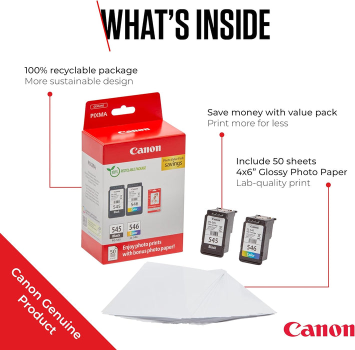 Canon PG-545 / CL-546 Genuine Ink Cartridges, Pack of 2 (1 x Black, 1 x Colour); Includes 50 sheets of 4x6 Photo Paper - Cardboard Multipack