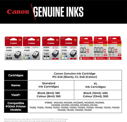 Canon PG-545 / CL-546 Genuine Ink Cartridges, Pack of 2 (1 x Black, 1 x Colour); Includes 50 sheets of 4x6 Photo Paper - Cardboard Multipack