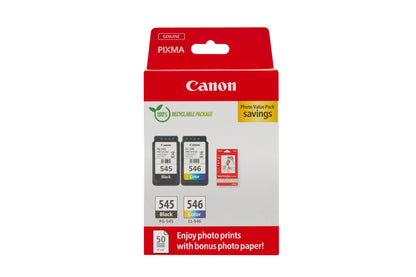 Canon PG-545 / CL-546 Genuine Ink Cartridges, Pack of 2 (1 x Black, 1 x Colour); Includes 50 sheets of 4x6 Photo Paper - Cardboard Multipack
