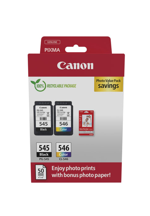 Canon PG-545 / CL-546 Genuine Ink Cartridges, Pack of 2 (1 x Black, 1 x Colour); Includes 50 sheets of 4x6 Photo Paper - Cardboard Multipack