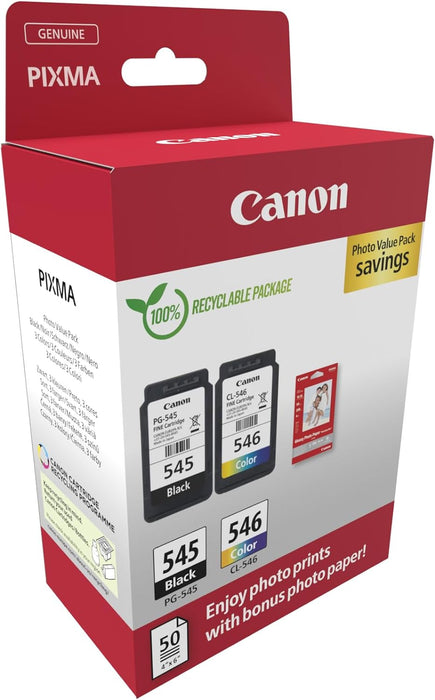 Canon PG-545 / CL-546 Genuine Ink Cartridges, Pack of 2 (1 x Black, 1 x Colour); Includes 50 sheets of 4x6 Photo Paper - Cardboard Multipack