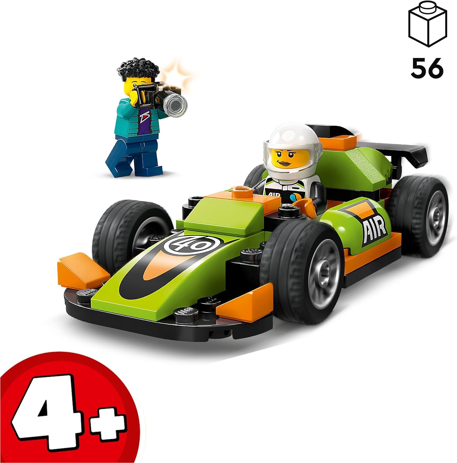 LEGO City Green Race Car Toy for 4 Plus Year Old Boys & Girls, Classic-Style Racing Vehicle Building Kit, with Photographer and Driver Minifigures, Gifts for Preschool Kids 60399