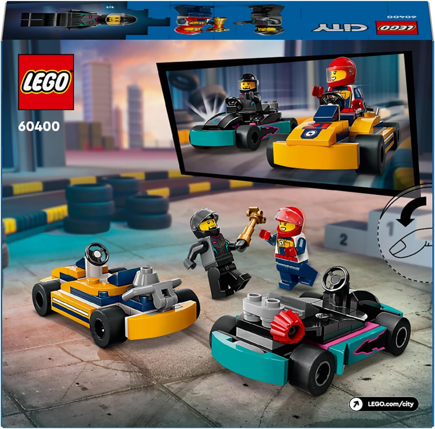 LEGO City Go-Karts mit Rennfahrern, Set mit 2 Rennfahrer-Minifiguren und Rennautos, Auto-Spielzeug ab 5 Jahren für Jungs und Mädchen, lustiges Geschenk für Kinder 60400