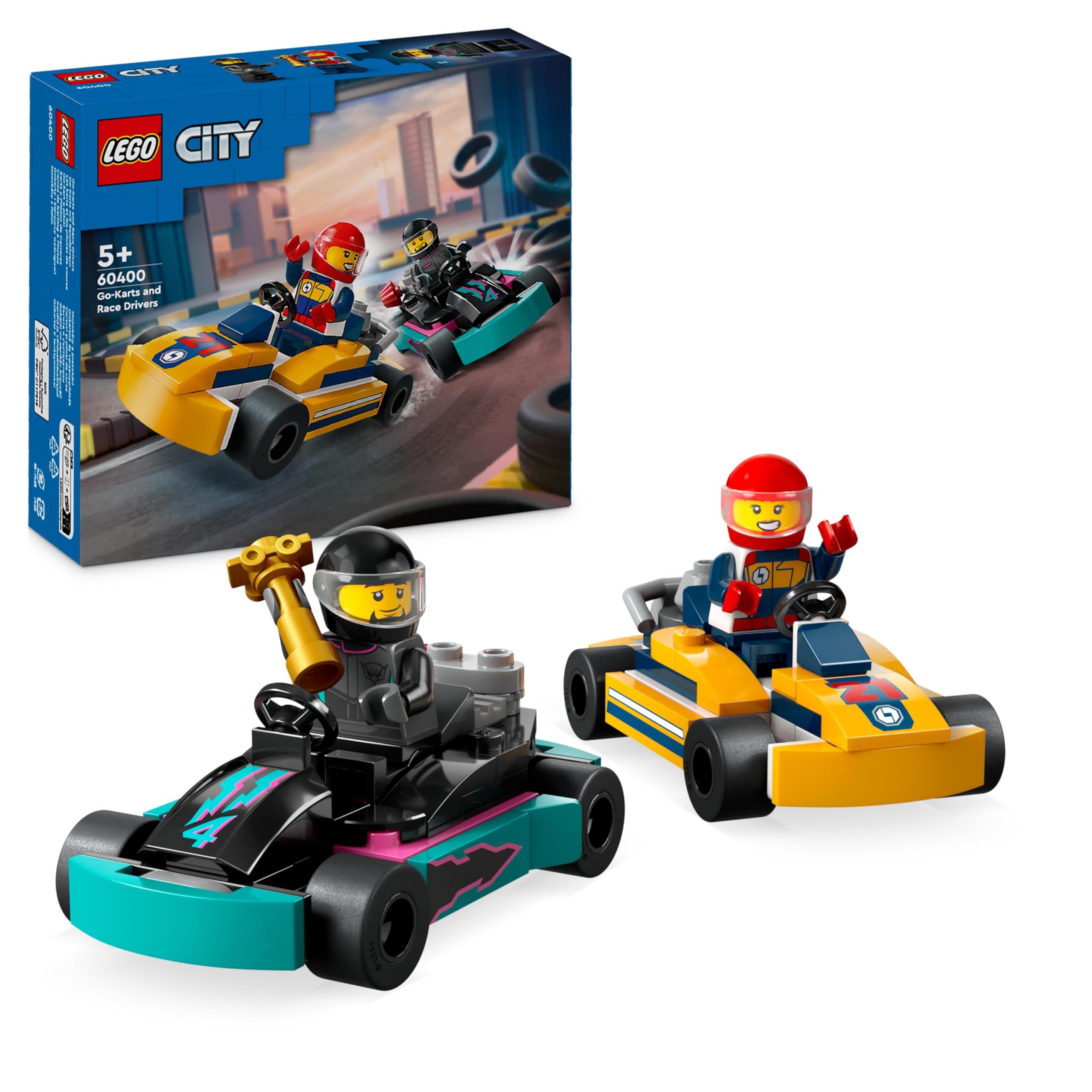 LEGO City Go-Karts mit Rennfahrern, Set mit 2 Rennfahrer-Minifiguren und Rennautos, Auto-Spielzeug ab 5 Jahren für Jungs und Mädchen, lustiges Geschenk für Kinder 60400
