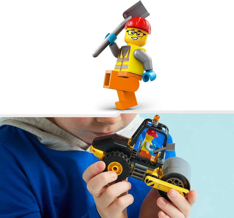 LEGO City Straßenwalze, Baustellenfahrzeug für Kinder ab 5 Jahren, Dampfwalze-Spielzeug mit Bauarbeiter-Minifigur, fantasievolles Spielerlebnis für Jungs und Mädchen, kleines, lustiges Geschenk 60401