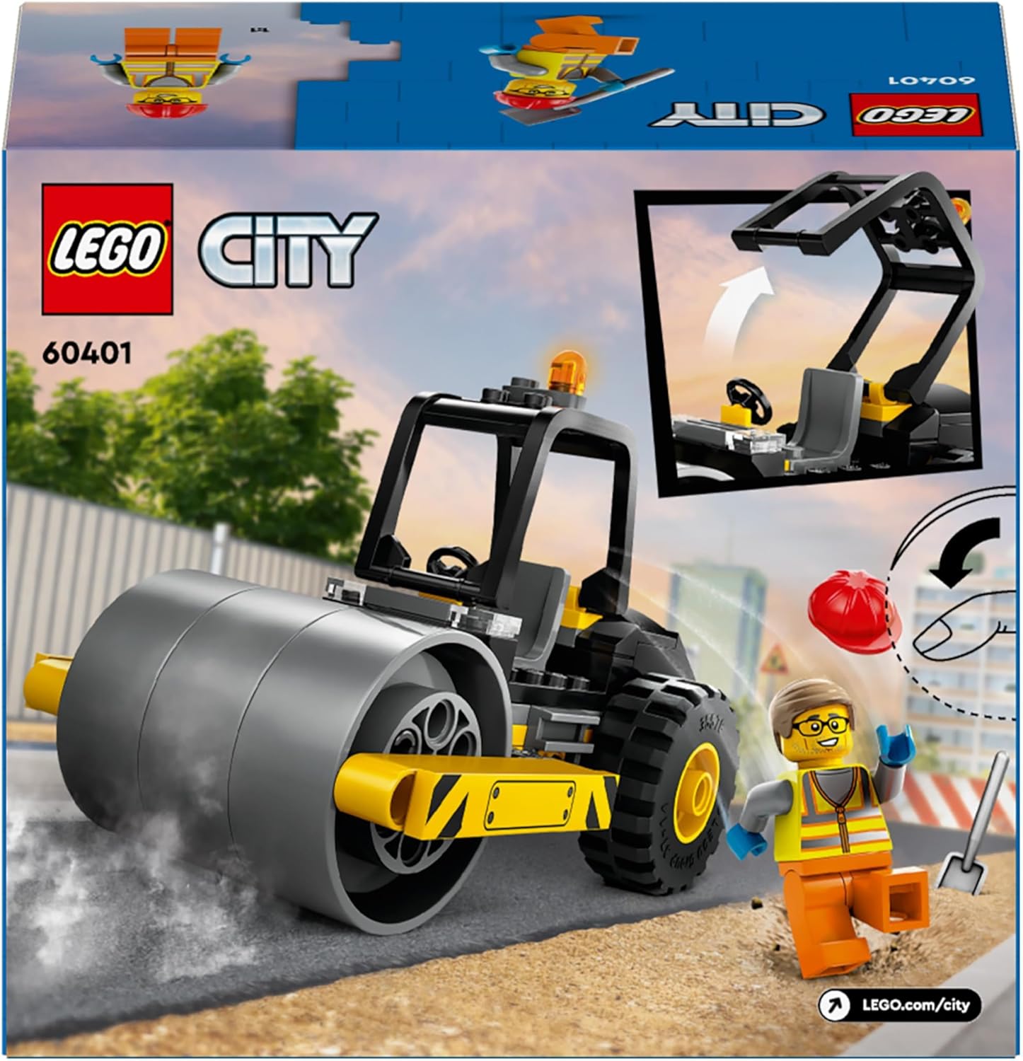 LEGO City Straßenwalze, Baustellenfahrzeug für Kinder ab 5 Jahren, Dampfwalze-Spielzeug mit Bauarbeiter-Minifigur, fantasievolles Spielerlebnis für Jungs und Mädchen, kleines, lustiges Geschenk 60401